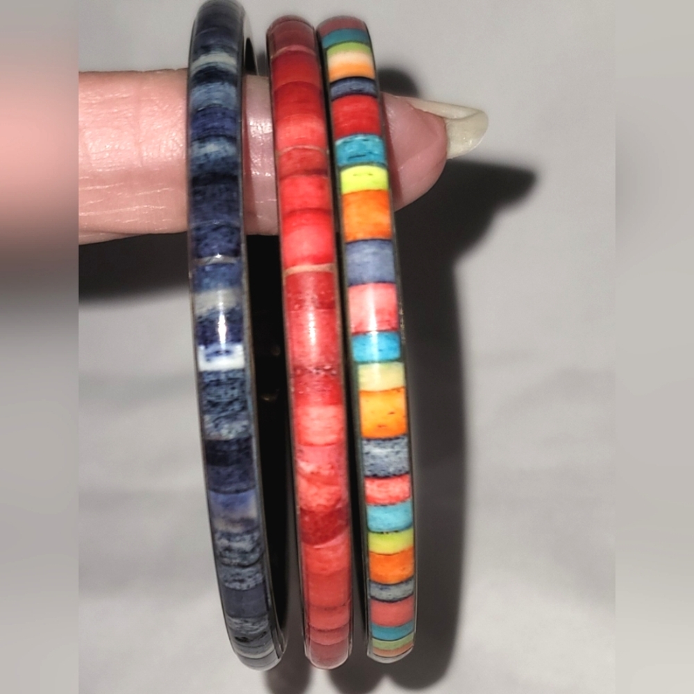 Colorful Bangle Set Brass Inlay - Picture 6 of 7
